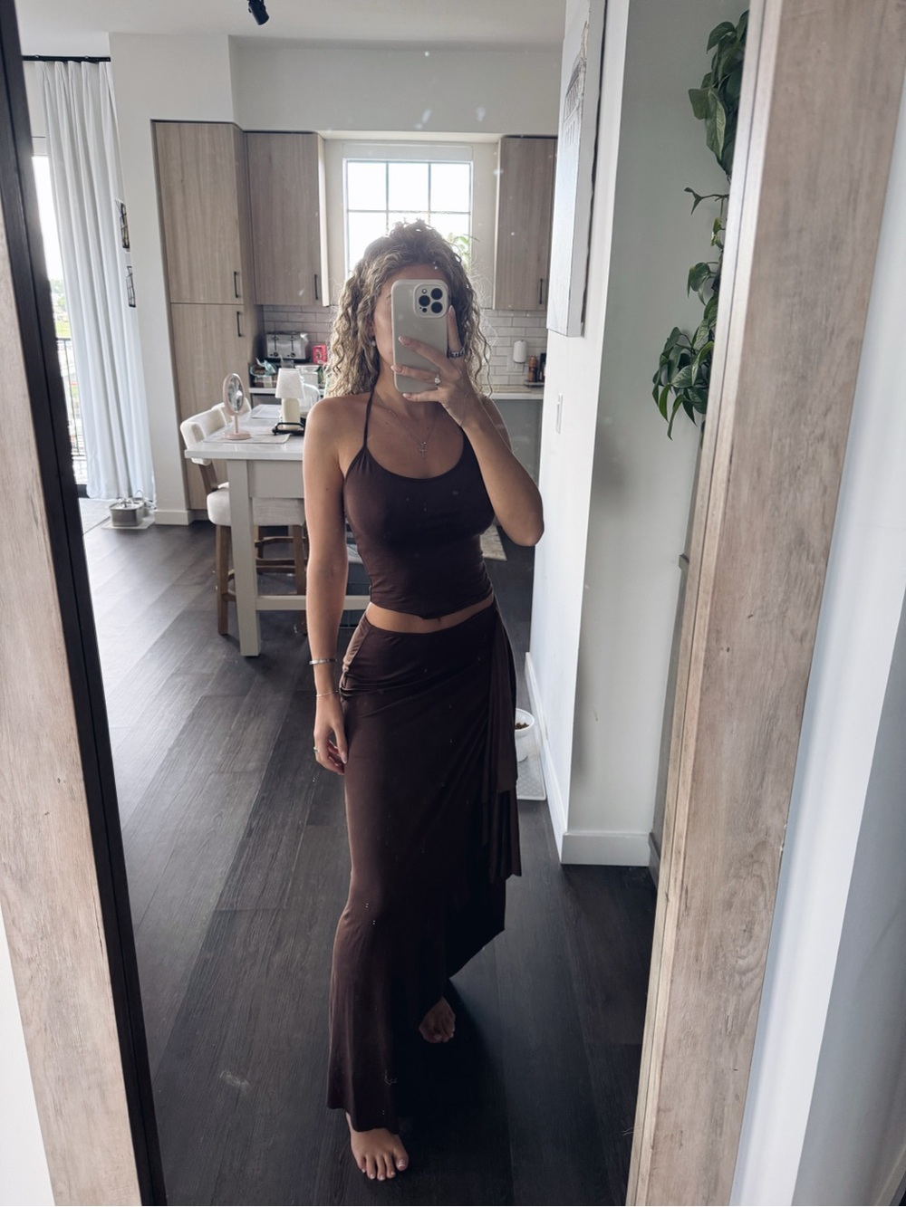 Brown Maxi Wrap Skirt with Halter Top (Size XS)